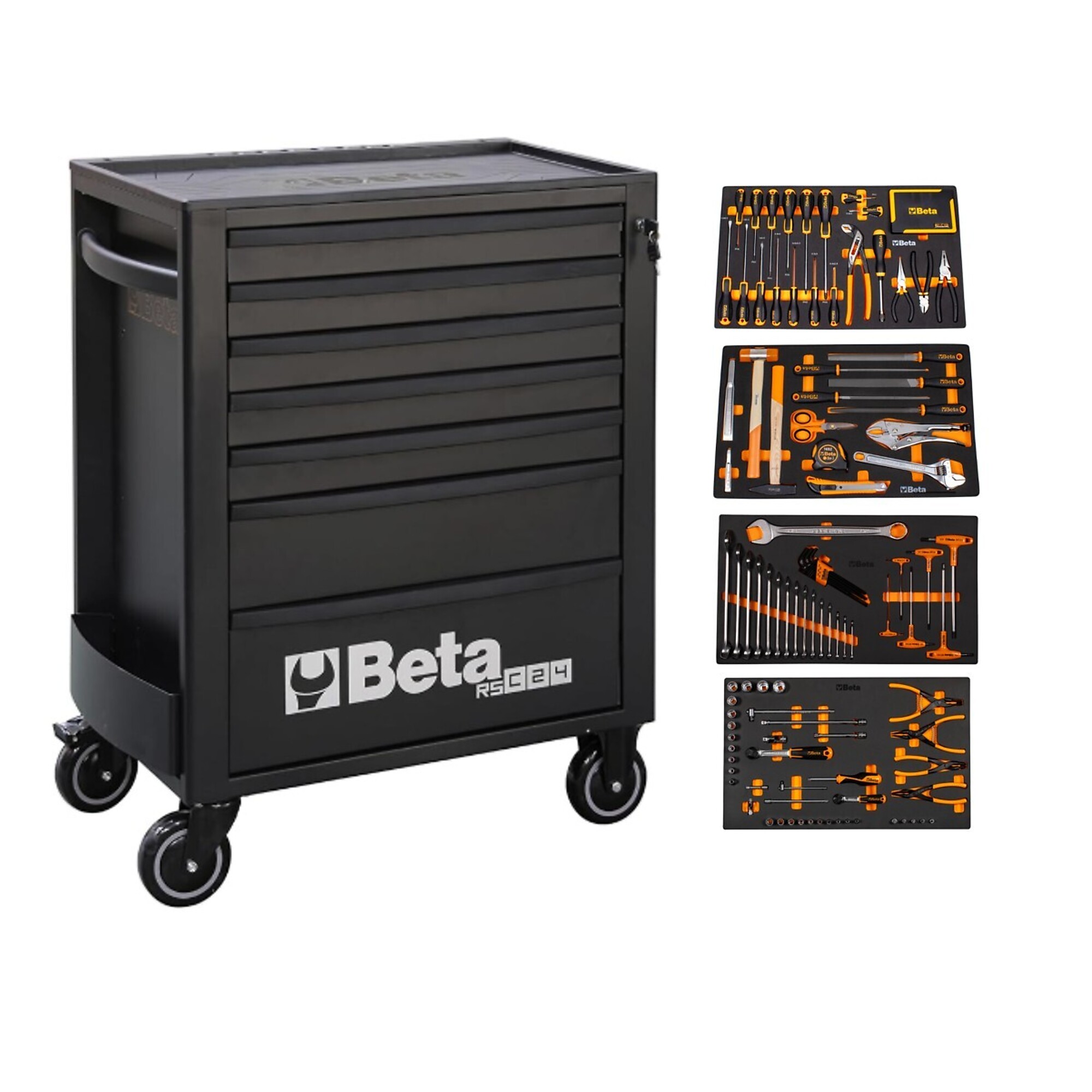 Beta RSC24 Black 7-Drawer Rolling Tool Cabinet with 207 Piece SAE Tool Set
